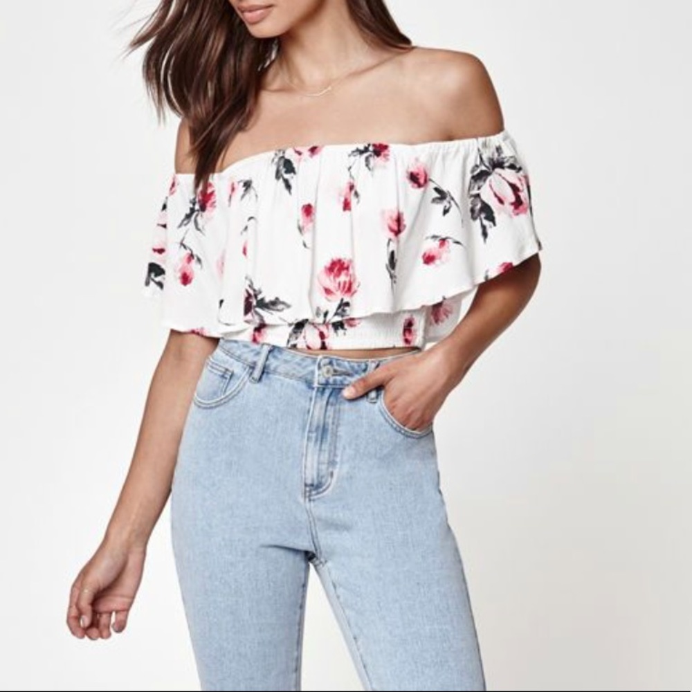 Kendall & Kylie Smocked Off-The-Shoulder Crop Top